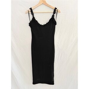 NWT More To Come Darla Ruffle Midi Dress Body-con Black Ribbed Knit Small